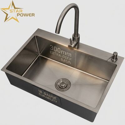좋은 가격 18 가이즈 304 SS 부엌 싱크장 총금속 PVD 마무리 및 300mm 추가 깊이의 주 및 보조 그릇 온라인으로