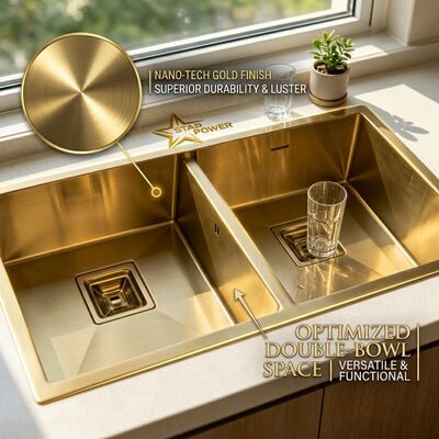 좋은 가격 Gold-Toned Food-Grade 304 Stainless Steel Main Auxiliary Bowl Kitchen Sink Flush-Mount 900mm 250mm Deep Basin 온라인으로